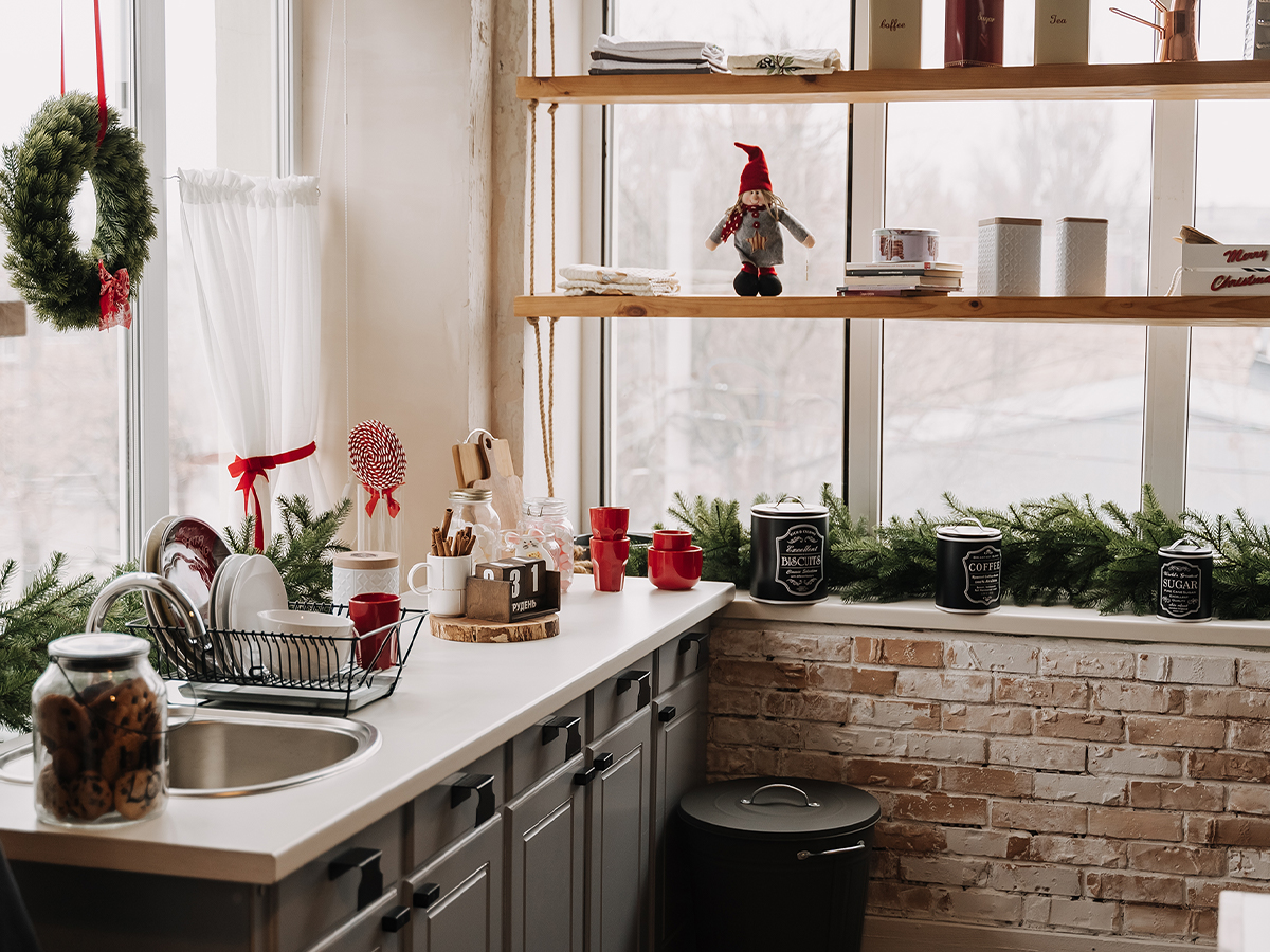 clean kitchen decorated for holidays