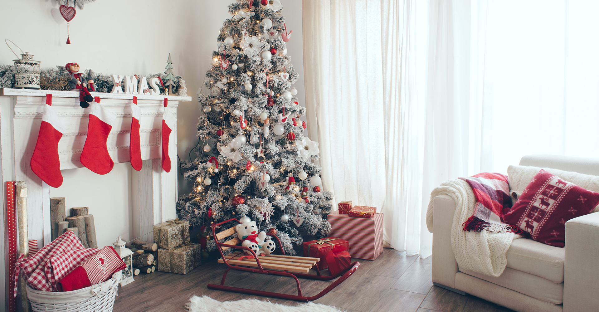 clean living room decorated for Christmas