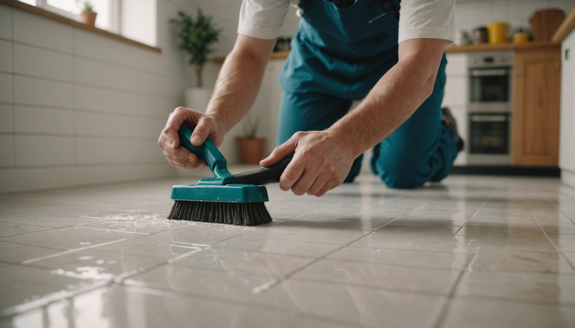 "Professional cleaning grout in sunlit Oakton kitchen, emphasizing hygiene and freshness."