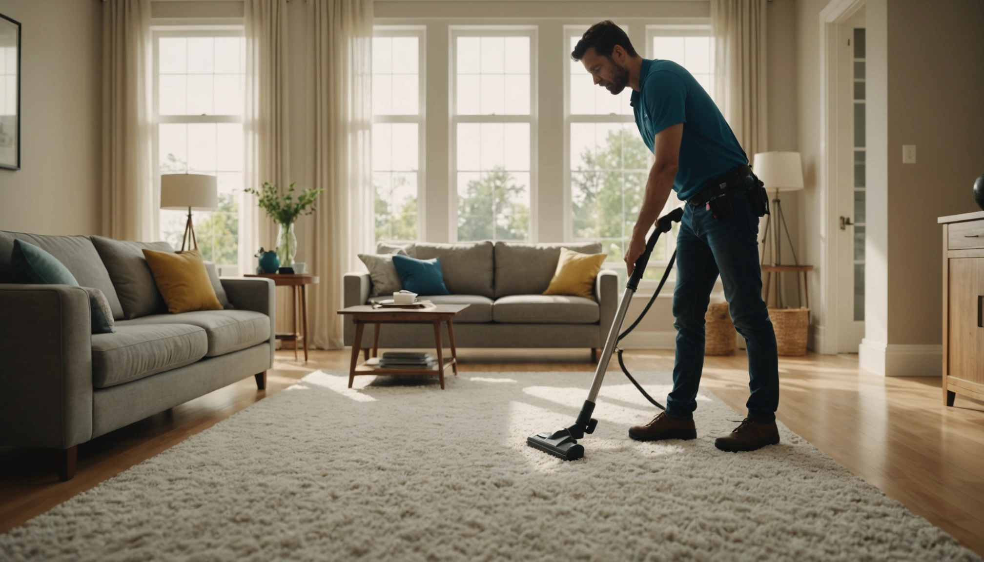 Professional cleaner using HEPA vacuum in sunlit Alexandria home, ensuring a dust-free, clean environment.