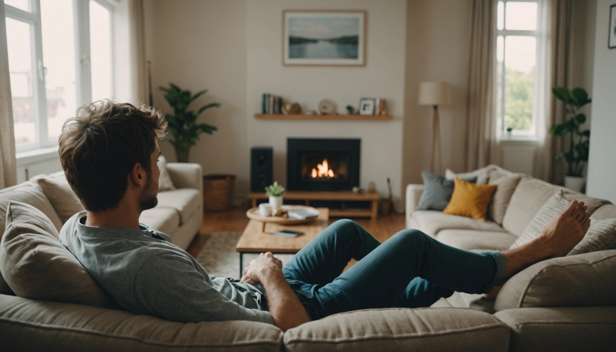 A serene, clutter-free living room with a person relaxing on a sofa, natural light, emphasizing