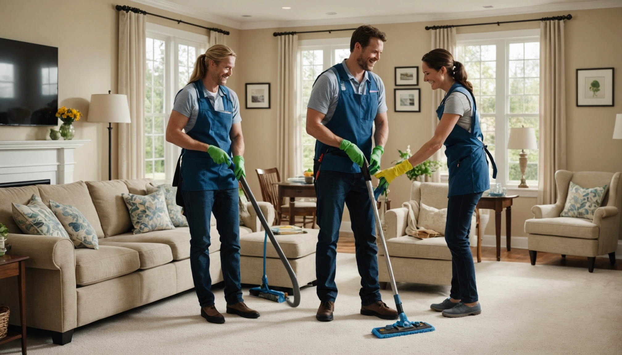 House cleaning team consulting with homeowner in a bright living room